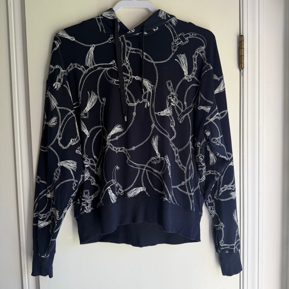 Lauren Ralph Lauren Navy Equestrian Rope Chain Print Cotton Hoodie Small